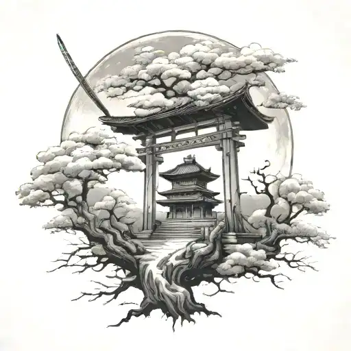 a moon over a shrine with a samurai warrior standing at the end of it clouds surrounding the shrine, sakurai tree branch tattoo design idea