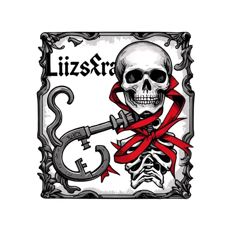 the name LizCarla with a skeleton key and a red ribbon intertwined tattoo design idea
