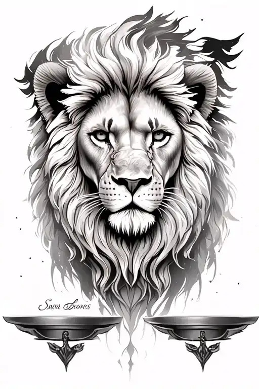 lion face warrior balance scale veritas aequitas tattoo design idea