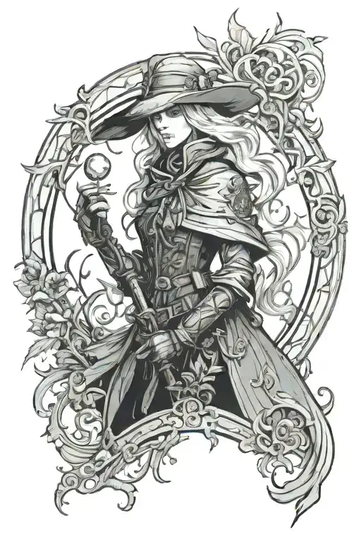 malenia from elden ring in style of bloodborne tattoo design idea