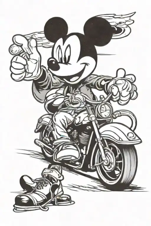 Mickey mouse on front end of motorcycle flipping the bird tattoo design idea