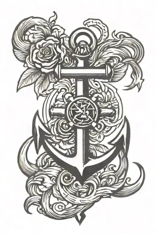 anchor Cross and flaming heart tattoo design idea