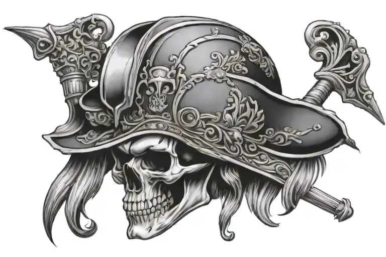 Spanish Conquistador skull skull wearing a helmet and ornate details with cross    tattoo design idea
