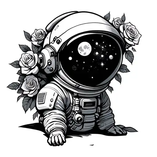 a cartoon astronaut with a moon for a head and roses spilling out of the spacesuit tattoo design idea