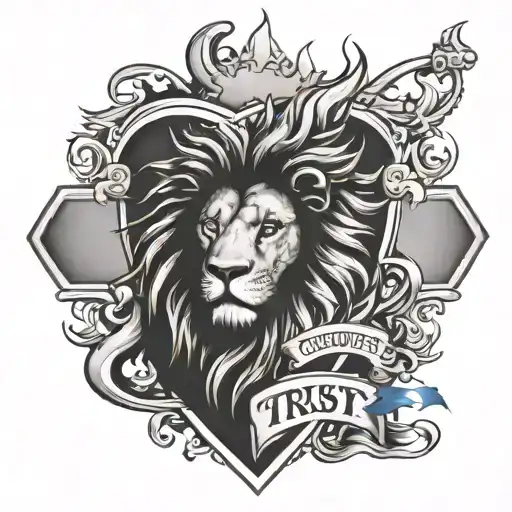 a lion, a heart, fire, a banner saying courage, love trust , laughter. A police badge and the phrase C Platoon tattoo design idea