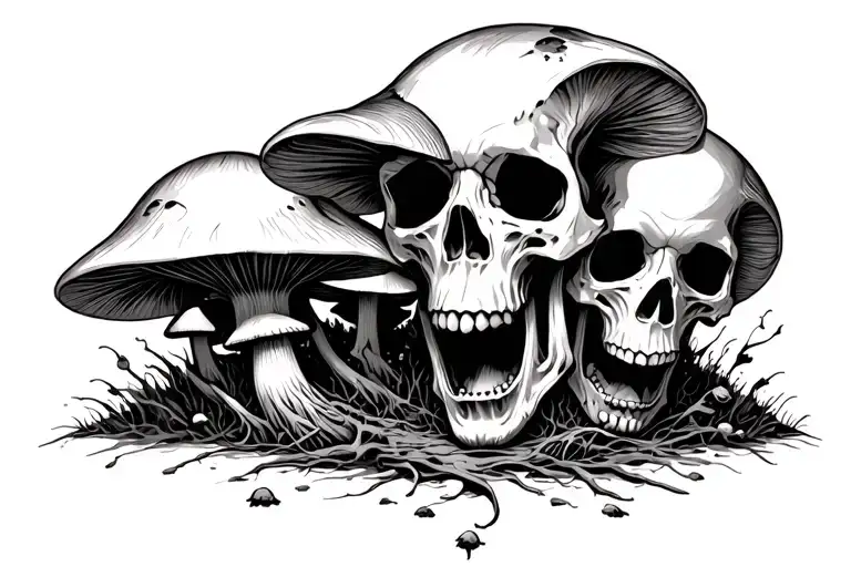 mushrooms and skulls rotting screaming  tattoo design idea