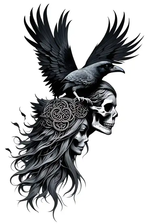 Celtic goddess head with crows and skulls tattoo design idea