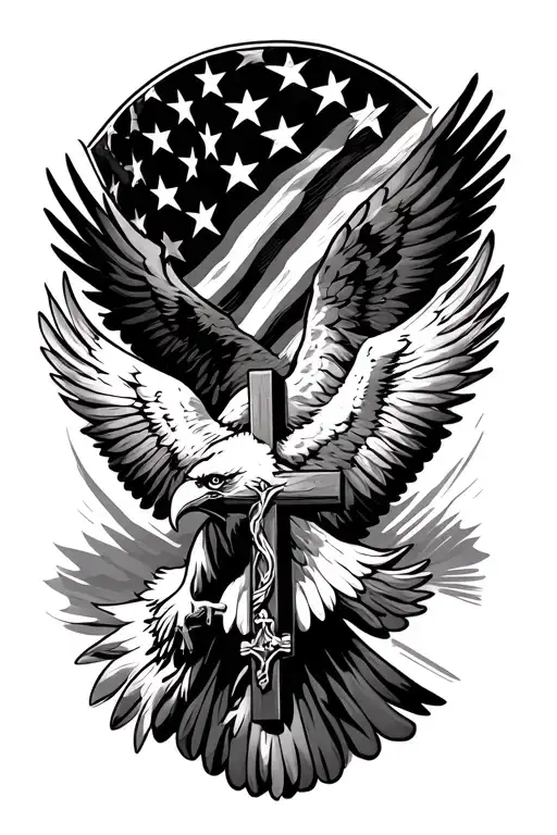 american flag eagle soaring holding a cross adorned tattoo design idea