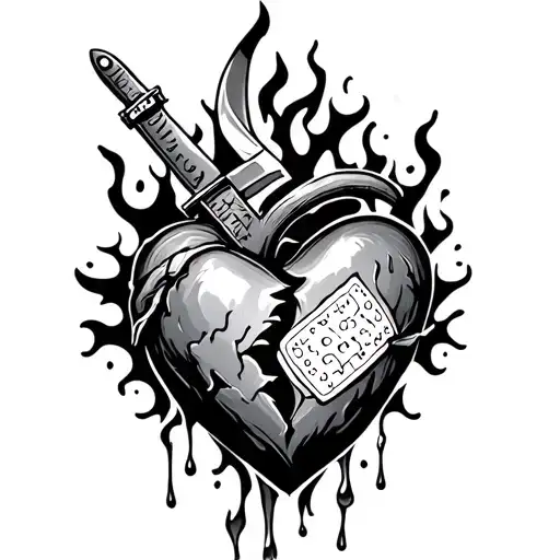 broken heart, knife, one bandaid, flaming fabric, tears tattoo design idea