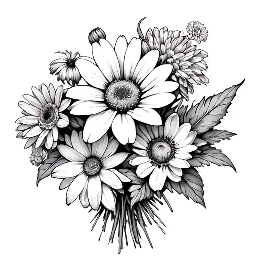 black and white linework bouquet of flowers including a violet, daisy, water lily, cosmo, and chrysanthemum tattoo design idea
