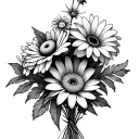 black and white linework bouquet of flowers including a violet, daisy, water lily, cosmo, and chrysanthemum tattoo design idea