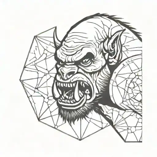 an orc biting down on a d20 showing 20   tattoo design idea