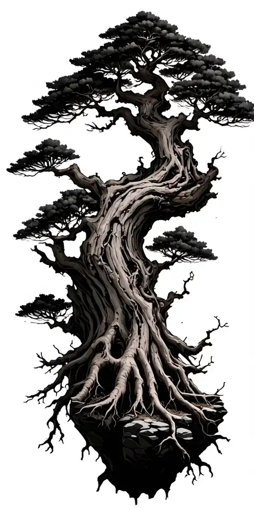 tall dead bonsai tree many branches and twigs rough bark roots gripping rocks tattoo design idea
