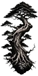 tall dead bonsai tree many branches and twigs rough bark roots gripping rocks tattoo design idea
