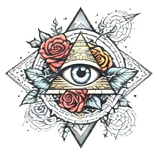 colorful roses and stars with the pyramid and a detailed realistic eyeball tattoo design idea