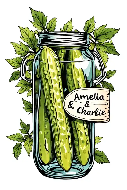 "Amelia & Charlie" pickle jar with two pickles labled Amelia and Charlie tattoo design idea