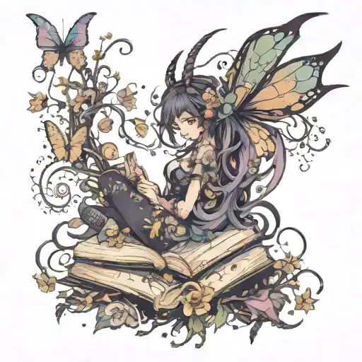 piled books open to stars & a dragon butterflies flowers and vines curling out below in muted dark colors  tattoo design idea