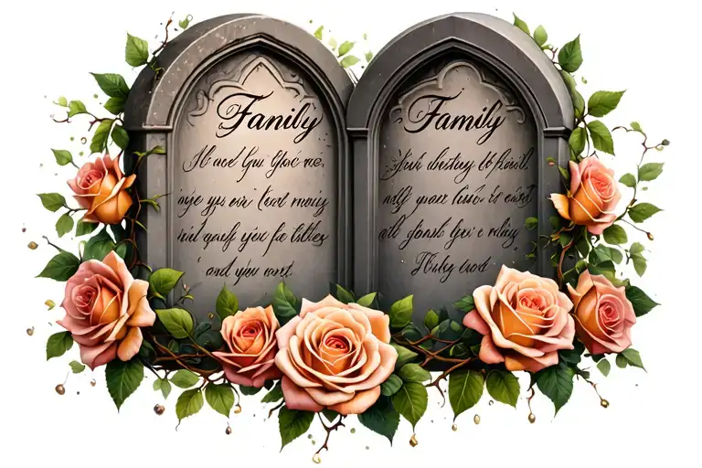 roses and vines covered wrapped around two tombstones with quotes about family  in them for a chest tattoo   tattoo design idea