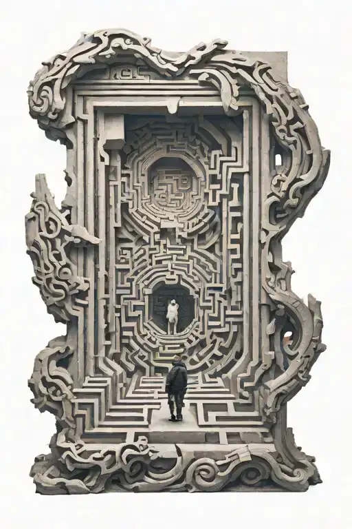 sculpture with a labyrinth inside and a man wandering through it tattoo design idea