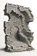 sculpture with a labyrinth inside and a man wandering through it tattoo design idea