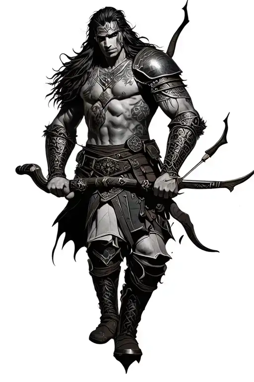 warrior with bow and arrow in battlefield tattoo design idea