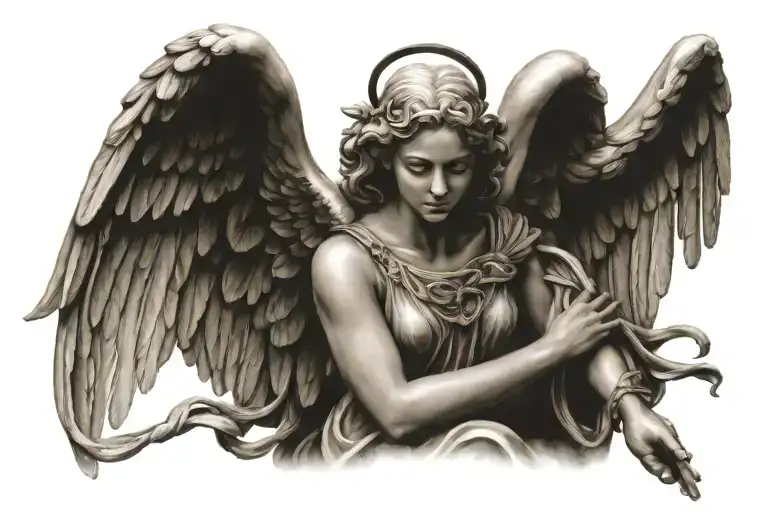 angel statue and wings flying tattoo design idea
