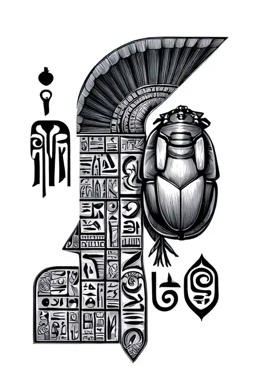 small Egyp hieroglyphics incorporated with scarab, kneph, ba, ka, shen tattoo design idea