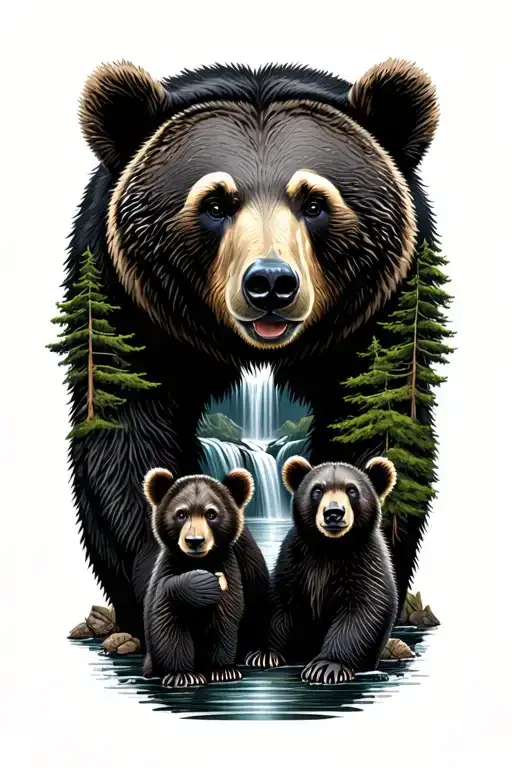 momma bear with 3 cubs with forest, mountains, waterfall tattoo design idea