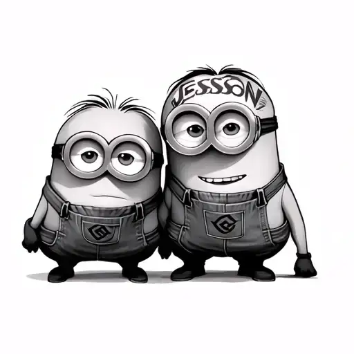 Generate me a tattoo of two minions who tattoo each other's forehead with the word "Jesson" tattoo design idea