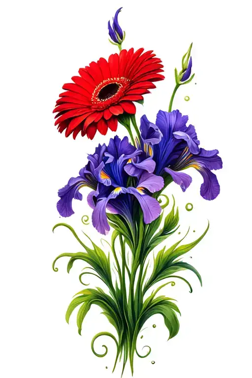 red gerbera daisy side by side intertwined with purple iris, stems swirl down tattoo design idea