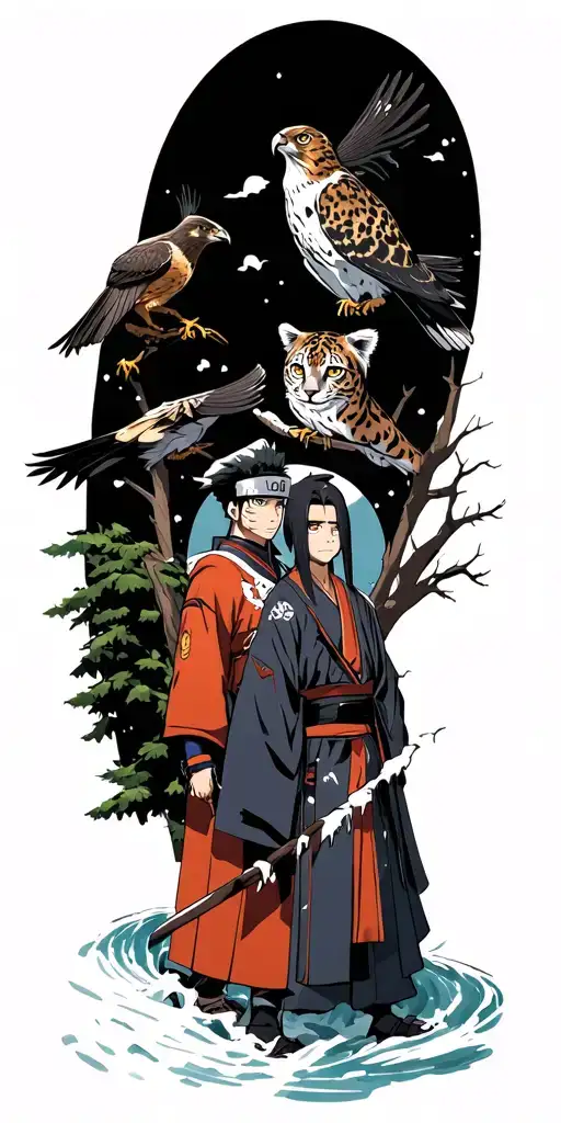 Icy forest with Itachi, Obito and Kakashi. Trees with stream, snow leopard, perigine falcon and snow owl in background tattoo design idea