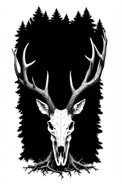 silloutte deer skull pine tree with roots tattoo design idea
