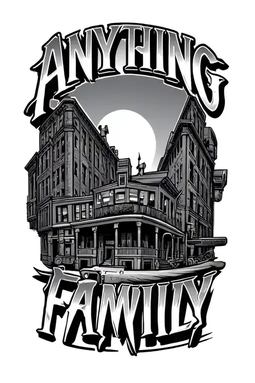 quarter of forearm mob style buildings with the word anything for family  and gun super high quality  tattoo design idea