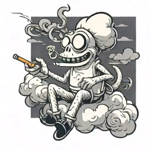 relaxed cartoon cigarette that has arms, legs, a mouth, and eyes. that's laying down on a cloud smoking a cigarette  tattoo design idea