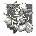 relaxed cartoon cigarette that has arms, legs, a mouth, and eyes. that's laying down on a cloud smoking a cigarette  tattoo design idea