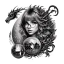 Taylor Swift themed - I want a dragon, a mirror ball, ghosts with glasses, and other symbolism of her lyrics tattoo design idea