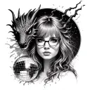 Taylor Swift themed - I want a dragon, a mirror ball, ghosts with glasses, and other symbolism of her lyrics tattoo design idea