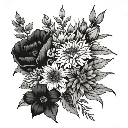 flower bouquet fine line; larkspur, poppy, aster; marigold, chrysanthemum, tattoo design idea