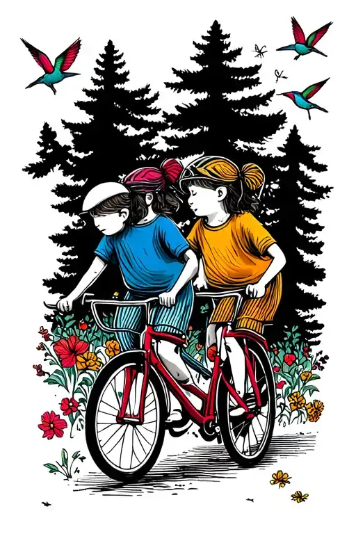 children on bikes cycling through forest nature scene with hummingbirds and flowers tattoo design idea