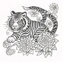 Japanese style tiger walking chrysanthemum and snake tattoo design idea