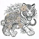 Japanese style tiger walking chrysanthemum and snake tattoo design idea
