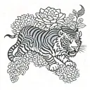 Japanese style tiger walking chrysanthemum and snake tattoo design idea