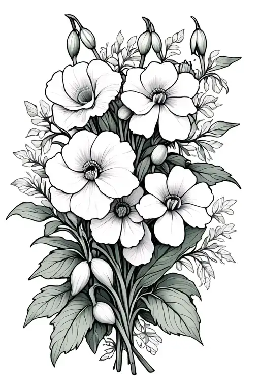 snowdrop, carnations, narcissus, and morning glory with vines and leaves to fill in  tattoo design idea