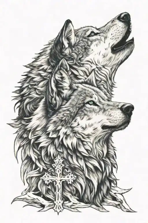 I want a wolf with blue eyes howling on my shoulder with a cross separating him with Jesus praying  tattoo design idea