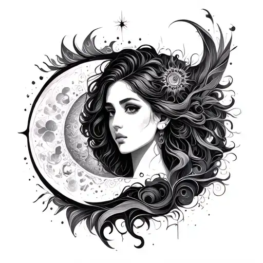 Aesthetically flowing lines, female figures, mystical elements such as sun/moon/stars tattoo design idea