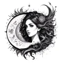 Aesthetically flowing lines, female figures, mystical elements such as sun/moon/stars tattoo design idea