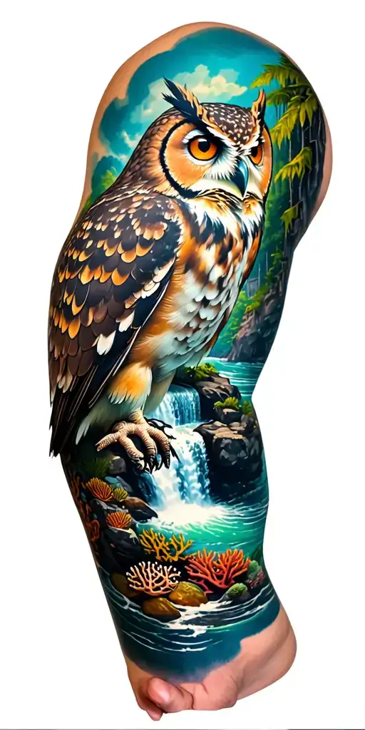 owl into a forest into a waterfall into the ocean with coral reef full arm sleeve  tattoo design idea