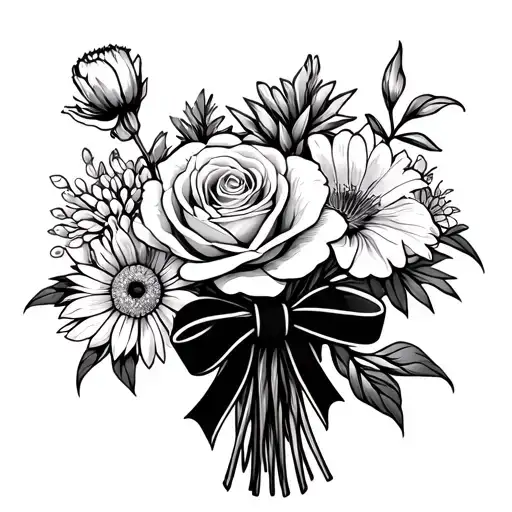 a bundle of flowers with a carnation, valley of the lily, rose and chrysanthemum. tie bouquet together with a bow.  tattoo design idea