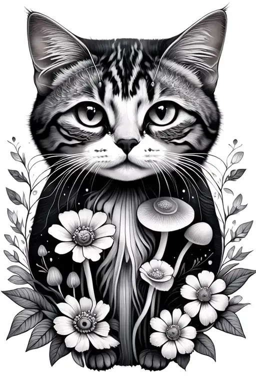 Mushrooms flowers mandala jellyfish cat tattoo design idea