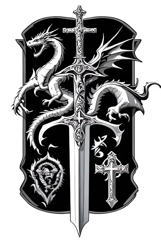 sword decorated with multiple christian symbols and imagry. Includew saing george and the dragon tattoo design idea